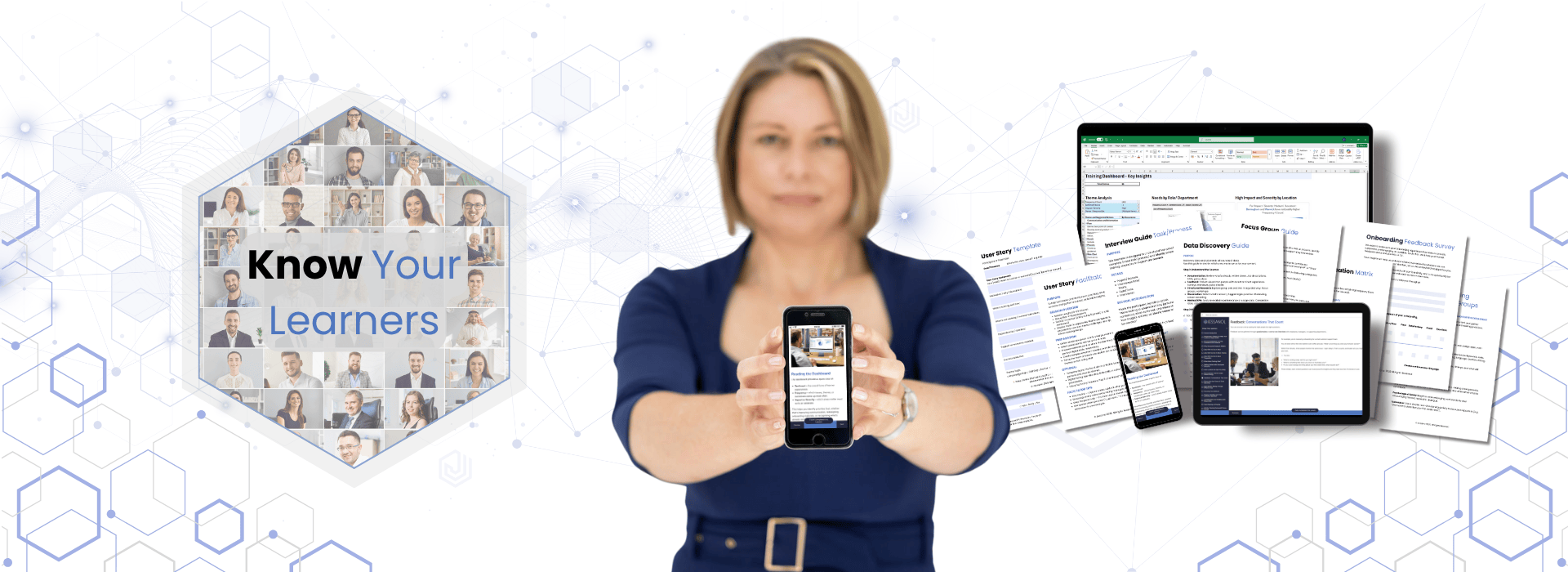 Series of light blue hexagon background, overlaid with a set of templates, monitor screen showing the Jessanol course and a phone and tablet both displaying parts of the Jessanol course.